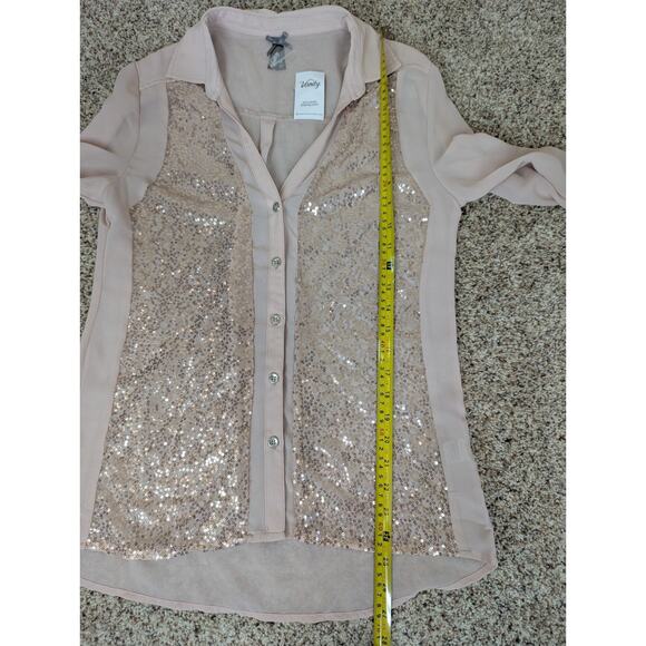 Vanity Blush Pink Sheer Sequin Blouse Women's Medium Long Roll Tab Sleeves New - Picture 8 of 11